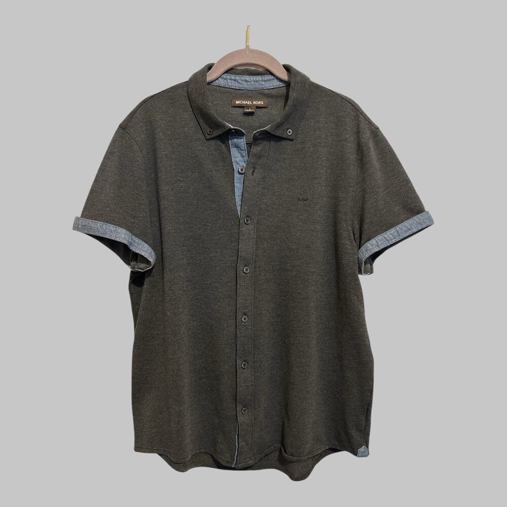 Michael Kors Men’s Button Up Denim Trim Roll Up Grey Polo‎ Shirt Golf Size L
